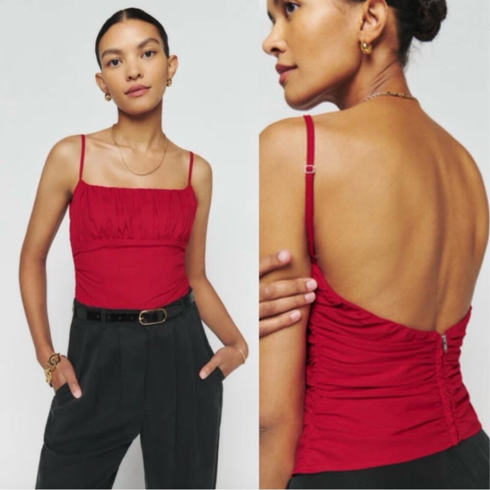 REFORMATION Tiana Corset Top Open Back Lipstick Red Ruched Zip Up Going Out Sexy